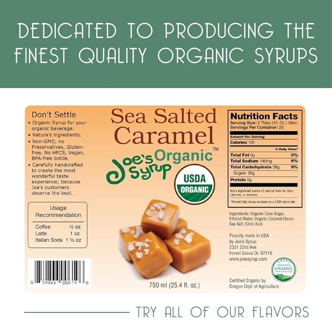 Joe’s Syrup Organic Flavored Syrup, Organic Sea Salted Caramel, 750 ml (3 Pack)