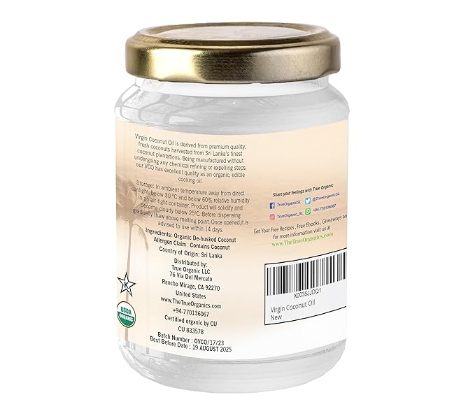 True Organic Virgin Coconut Oil 16 Fl Oz |Unrefined, Cold-Pressed Extra Virgin Coconut Oil | USDA Organic and Kosher |Cooking Oil.