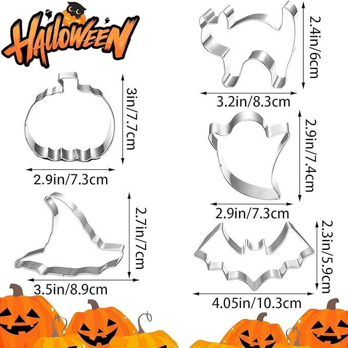 5-PIECE Halloween Cookie Cutters Set Stainless Steel cookie cutter molds Pumpkin, Bat, Ghost, Witch's Hat, Cat Cat Cookie Cutters Holiday Decorative Party Supplies