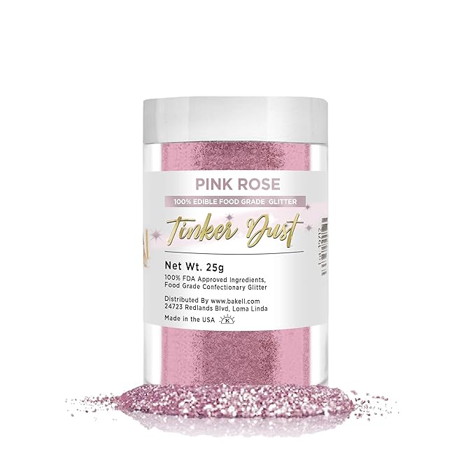 BAKELL Pink Rose Edible Glitter, 25 Grams | TINKER DUST Edible Glitter | KOSHER Certified | 100% Edible Glitter | Cakes, Cupcakes, Cake Pops, Drinks, Dessert Vegan Glitter & Dusts (25g, Pink Rose)