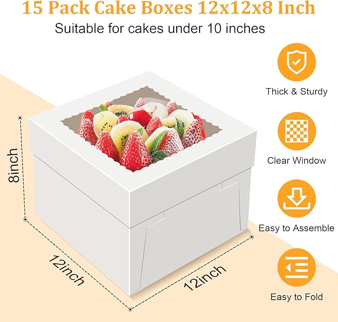 15 PCS Cake Boxes 12 Inch, 12x12x8 Tall Cake Box, 12 Inch Cake Box with Window, White Bakery Boxes, Large Baking Boxes, Cajas Para Pasteles, 12x12 Cake Boxes for Birthday, Wedding, Party, Business