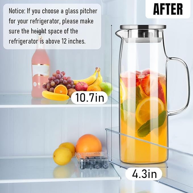 PARACITY Glass Pitcher with Lid and Spout 50oz/ 1.5L, Hot/Cold Water Pitcher, Iced Tea Pitcher for the Shelf of Fridge, Easy to Clean, High Borosilicate Glass Pitcher for Lemonde, Juice and Milk