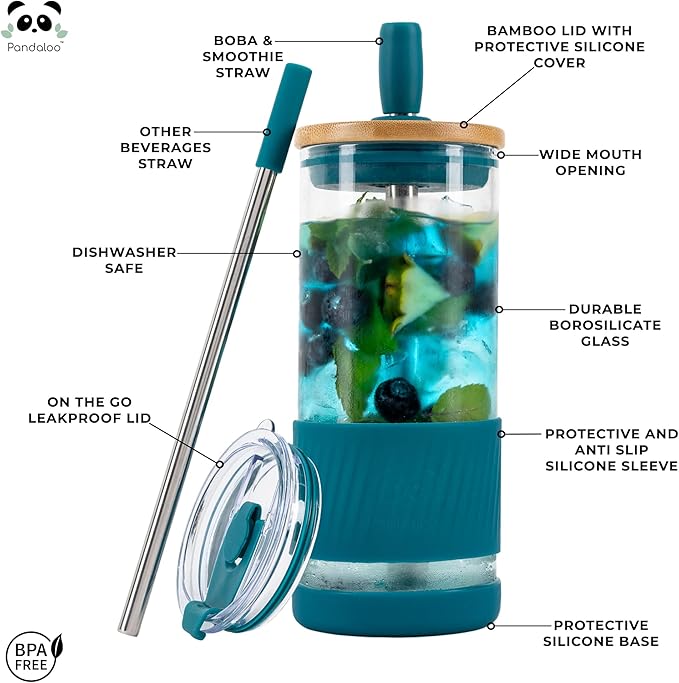 Pandaloo® Glass Cups With Lids and Straws -20 Fl Oz- Perfect Size Iced Coffee Cup - Smoothie Cup With Bamboo Lid and On the go Lid - Glass Tumbler (2 Count (Pack of 1), Boysenberry-Intense Teal)