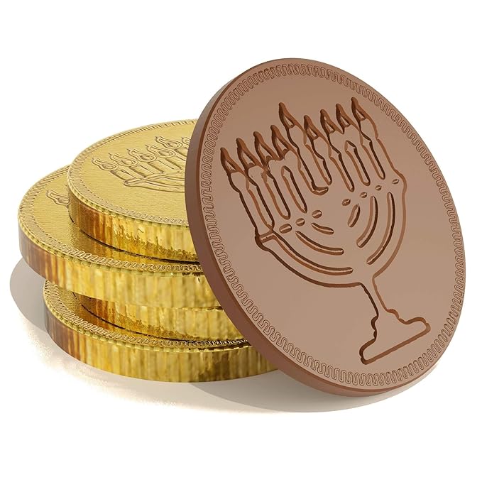 The Dreidel Company 100-Pack Chocolate Coins, Hanukkah Gelt, Gold Coins,With Dreidel and Menorah Designs Made with Belgian Ingredients, Gluten Free, Non GMO, Nut-Free, Kosher Certified