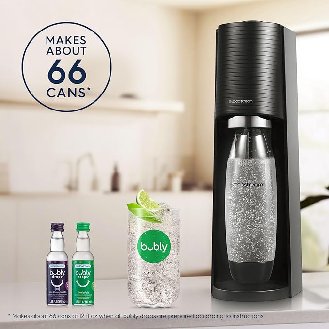 SodaStream - Terra Sparkling Water Maker | VALUE BUNDLE | CQC CO2 system | Includes 2x CO2 Cylinders, 3x 32 Fl Oz Dishwasher Safe Bottles, 2x Bubly Flavor Drops | Combine with Pepsi Flavors | Black