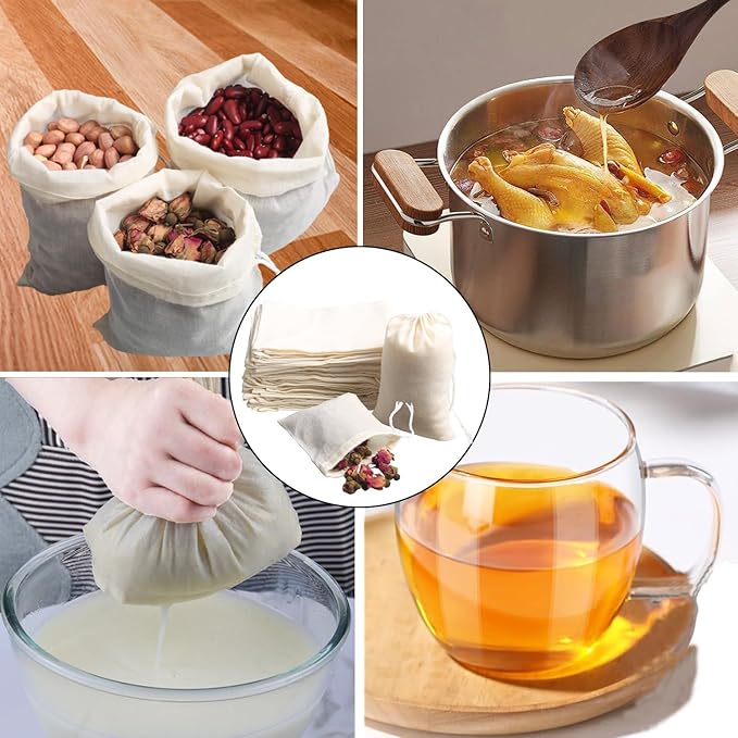 Eketirry Spice Bags, 10pcs Reusable Empty Tea Bags, Muslin Strainer Bags, Soup Bags for Cooking, Natural Cotton Fine Mesh Cheesecloth Bags for Cold Brew Coffee(4 x6Inch)