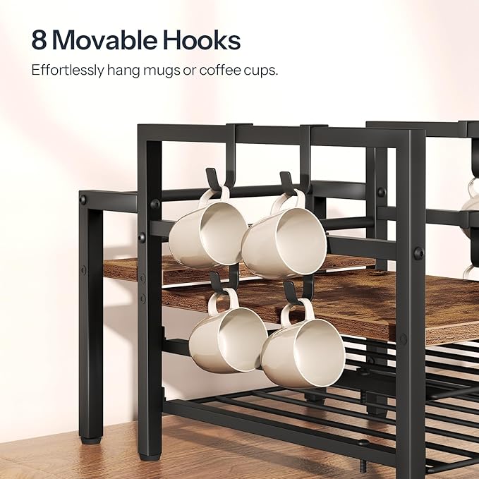 HOOBRO K Cup Holder, Coffee Pod Organizer for Counter, 70 Capacity Pods Storage Organizer, Coffee Maker Stand with Mug Rack, Coffee Station for Syrup, Rustic Brown and Black BF03CR01