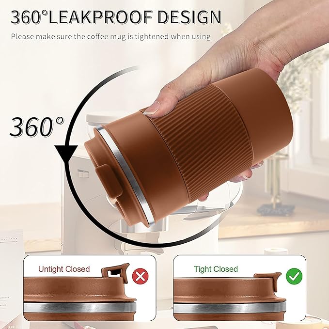 YINBAOGE Insulated Travel Coffee Mug Spill Proof Leak Proof Pobtable To Go Camping Stainless Steel Coffee Tumbler Reusable Coffee Cups with Lids Thermos for Hot and Cold Drink (Brown, 12 OZ)