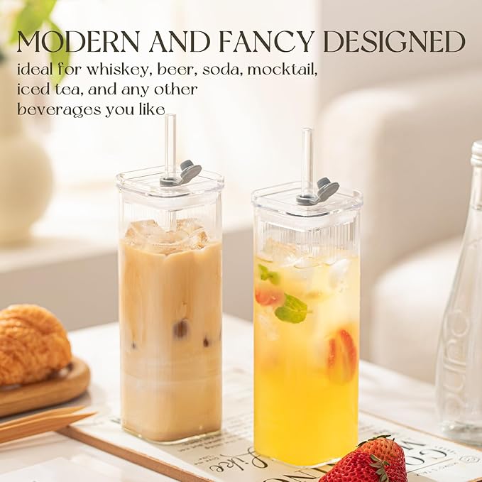KEMORELA 6 Sets Glass Cups with Lids & Straws, Square Ribbed Drinking Glasses with Lids, Clear Highball Tumblers for Cocktail, Coffee, Juice, Beer, Modern Mixed Drinkware Jars