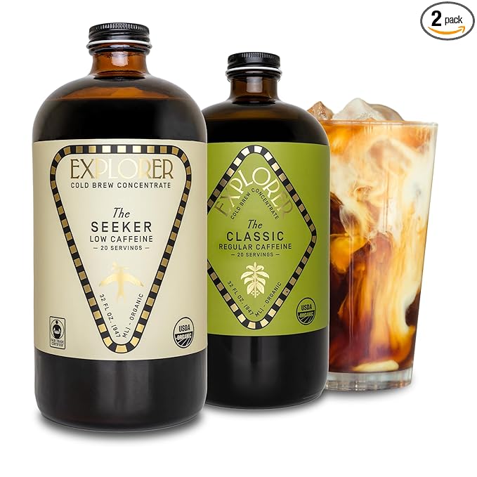 Explorer Cold Brew Coffee Bundle | Low & Regular Caffeine Concentrate | 32 fl oz I Organic Gluten Free Instant Liquid Mix | Iced or Hot | 1:4 Super Concentrated
