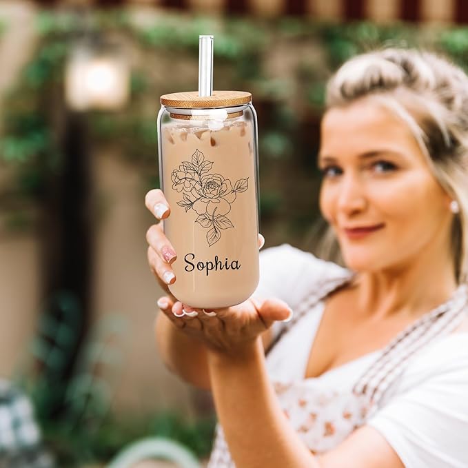 Personalized Tumbler for Women-Can Shaped Glass with Lids and Straws-18OZ Iced Coffee Cups with Lids, Flower Cute Glass Cups, Mothers Day Birthday Gift for Women Her (BirthFlower)