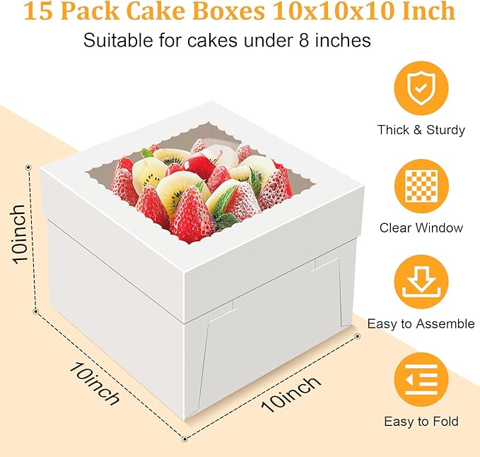 15 PCS Cake Boxes 10 Inch, 10x10x10 Tall Cake Box, 10 Inch Cake Box with Window, White Bakery Boxes, Large Baking Boxes, Cajas Para Pasteles, 10x10 Cake Boxes for Birthday, Wedding, Party, Business