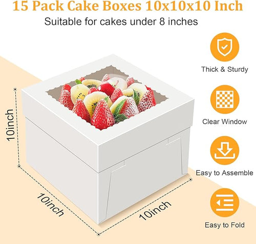 15 PCS Cake Boxes 10 Inch, 10x10x10 Tall Cake Box, 10 Inch Cake Box with Window, White Bakery Boxes, Large Baking Boxes, Cajas Para Pasteles, 10x10 Cake Boxes for Birthday, Wedding, Party, Business