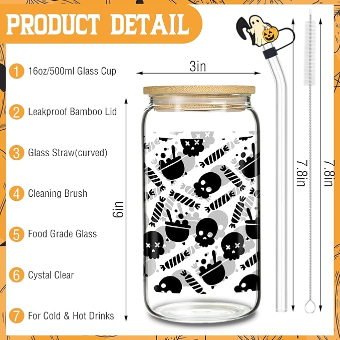 Skull Shaped Tumbler - 16oz Black Gothic Glass with Lid and Straw, Dark Aesthetic Iced Coffee Cup, Birthday and Gothic Horror Theme Gift