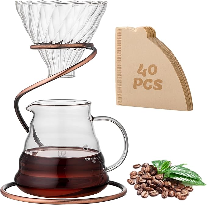 Coffee Pour Over Set – Complete Pour Over Coffee Maker with Dripper, 40Filters, and Metal Stand – Portable & Stylish Style Drip Coffee Brewer