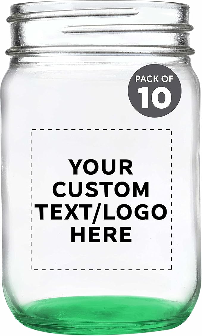 DISCOUNT PROMOS Custom Decorating Mason Jars 12 oz. Set of 10, Personalized Bulk Pack - Glass Jars for Overnight Oats, Candies, Fruits, Pickles, Spices, Beverages - Green