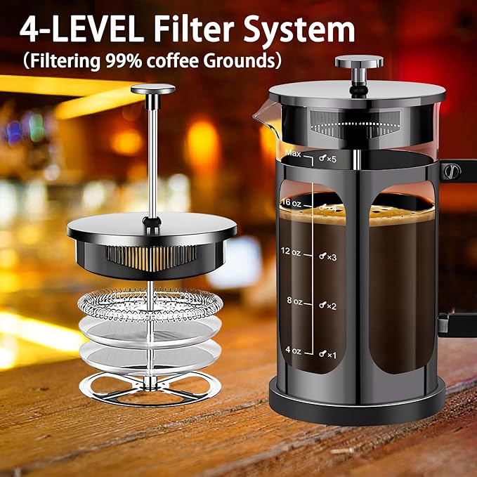 French Press Coffee Maker (21oz 600ML 3-4Cup) Coffee Press, with 4 Filters System, Heat Resistant Thickness Borosilicate Glass, Cold Brew Coffee Tea Pot Gifts (Bright Black)