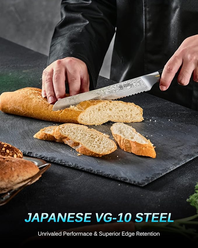 KYOKU 8" Serrated Bread Knife - Gin Series - VG10 Damascus Japanese Steel Kitchen Knife with Silver Ion Blade G10 Handle Mosaic Pin, Professional Razor-Sharp Bread Cutting Slicing