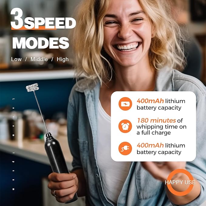 Milk Frother Type-C Rechargeable Handheld Electric Whisk Coffee Frother 3 Speed Adjustable Foam Maker Blender for Coffee Matcha Latte Cappuccino Hot Chocolate Kitchen Gifts(Black)