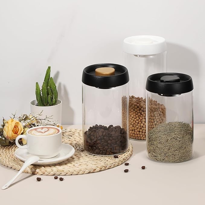 uxcell 2pcs Coffee Vacuum Container, 500ml/17oz Glass Coffee Bean Storage Container with Lids for Spices Biscuits Loose Leaf Tea, Black Gold