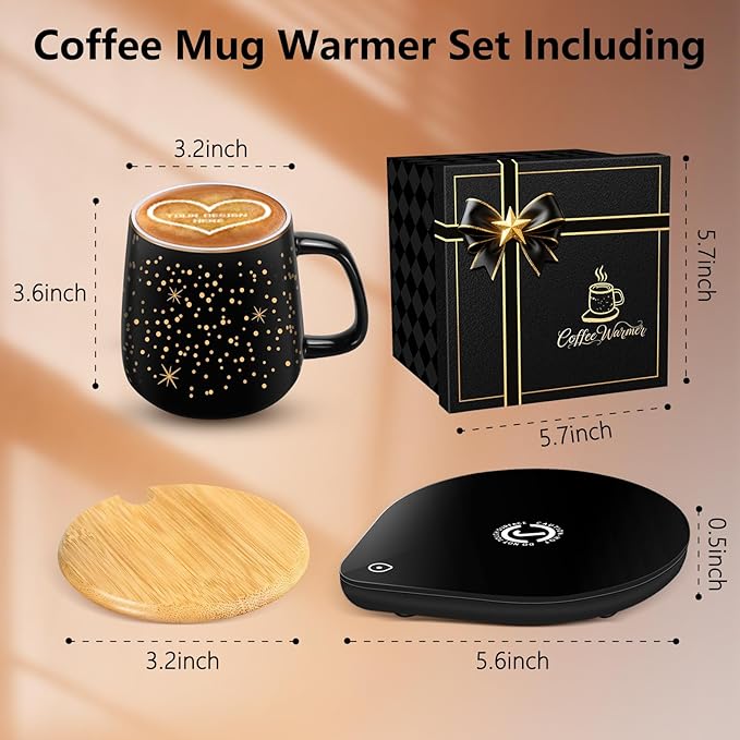 Coffee Cup Warmer with Mug Set: 2025 Upgraded Gifts for Christmas,Thanksgiving Cup Warmer with Temperature Setting and Auto Shut Off for Coffee Lover - Coffee Mug Warmer for Desk