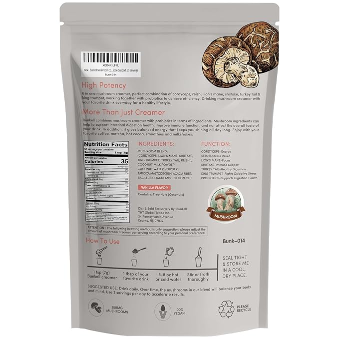 Bunkell Mushroom Coffee Creamer, Adaptogenic 6 Mushrooms with Lion's Mane, Reishi, Cordyceps, Shiitake, King Trumpet, Turkey Tail, Probiotics Creamer for Energy, Focus & Digestion Support, 30 Servings