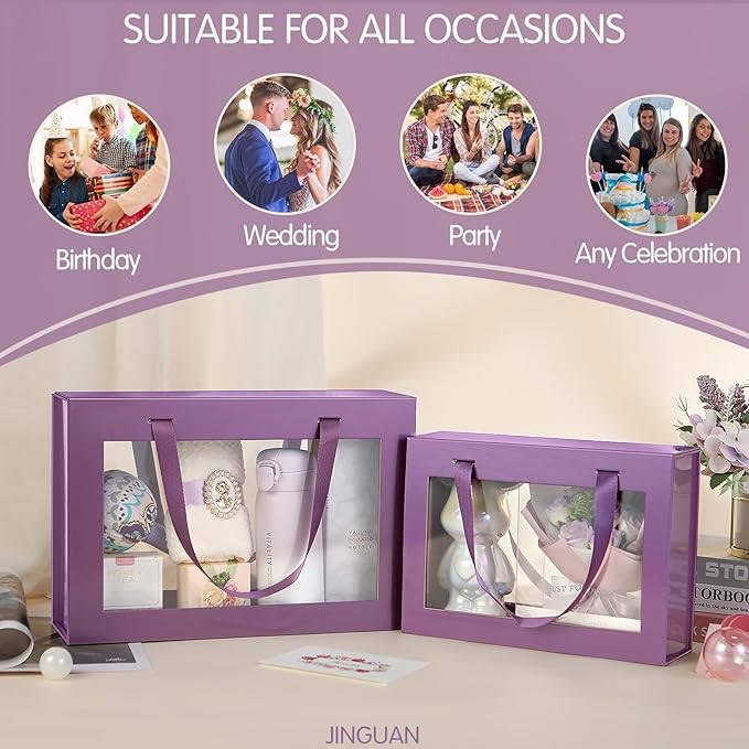 Large Purple Clear Gift Box, 13.5x9x4.1 Inches Gift Box with Window by Handle, Bridesmaid Proposal Box, Collapsible Gift Box with Magnetic Closure (Glossy Purple, 1 Pack)