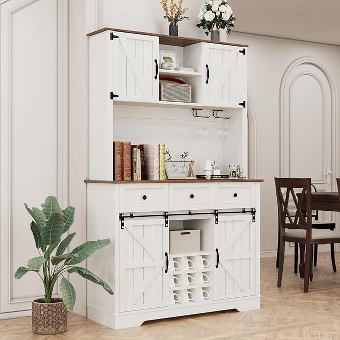 4 EVER WINNER 72" Coffee Bar Cabinet with Sliding Barn Door & Wine Racks, Hutch Cabinet with Storage and 3 Drawers, Farmhouse Coffee Bar with Wine Glass Holder for Dining Room Kitchen, White