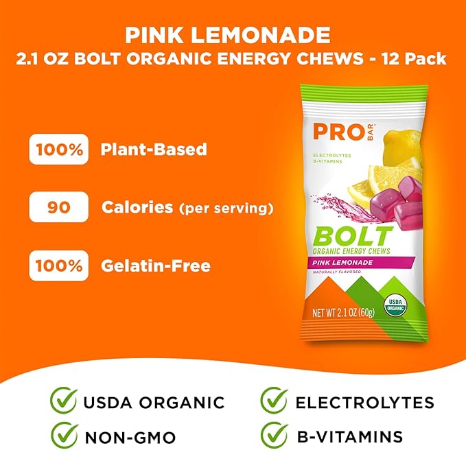 PROBAR - Bolt Organic Energy Chews, Pink Lemonade, Non-GMO, Gluten-Free, USDA Certified Organic, Healthy, Natural Energy, Fast Fuel Gummies with Vitamins B & C (12 Count)