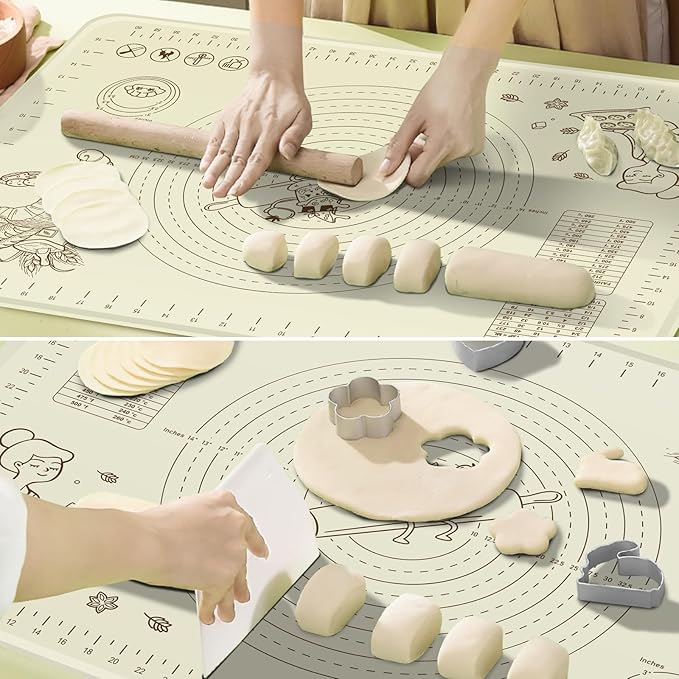 Silicone Baking Mat 32" x 24", Extra Thick Silicone Pastry Mat with Measurements and Edge Heightening, Non-stick Food Grade Dough Rolling Matfor for Pastry, Bread, Cookies, Pizza, Fondant, Pasta