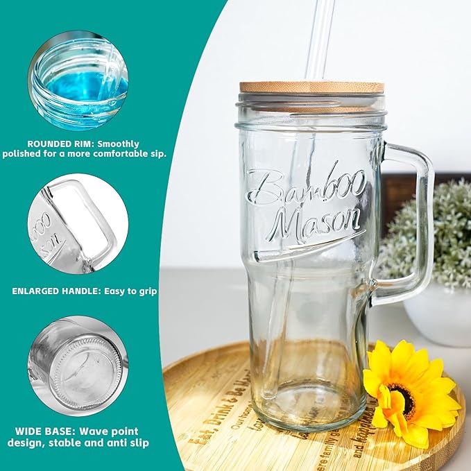 ANOTION Glass Cups with Lids and Straws - 24 oz Tumbler with Handle Halloween Coffee Cups Glass Straws Mason Jar Cups Drinking Set Kitchen Essentials Coffee Bar House Warming Gifts New Home