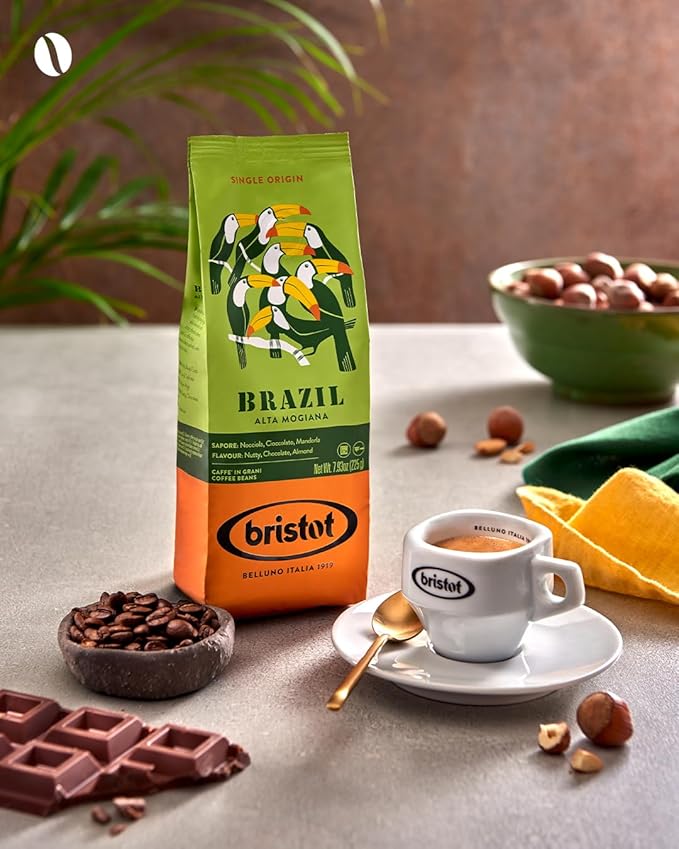 Bristot Single Origin Brazil Alta Mogiana – Italian Espresso Beans – 100% Arabica – Medium Roast – Notes of Nutty, Chocolate & Almond – 7.93 oz – 225 g