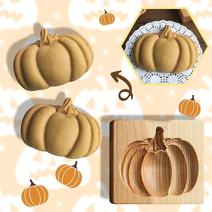 Wooden Cookie Biscuit Mold, 3D Baking Mold, Embossing Craft Decorating Baking Tool, Suitable for Halloween Thanksgiving Christmas Kitchen DIY (Pumpkin 10 * 8 * 2)