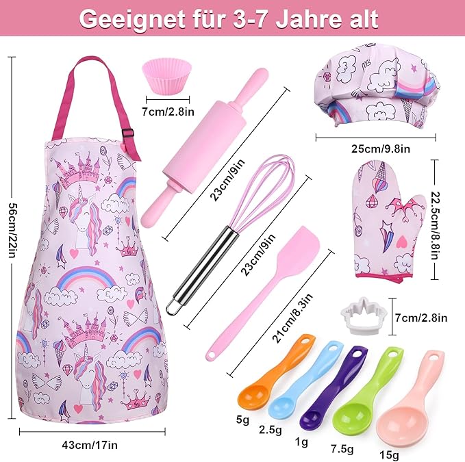 Anpro Complete Kids Cooking and Baking Set - 27 Pcs Includes Aprons for Girls, Chef Hat, Mitt & Utensil to Dress Up Chef Costume Career Role Play for 3-7 Years Girls