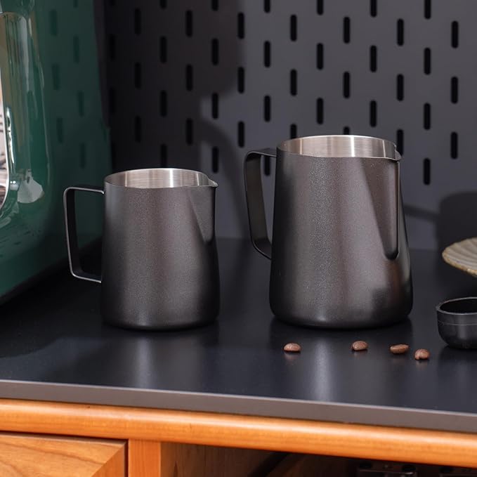2 Pack Matte Black Milk Frothing Pitcher, 12oz/350ml & 20oz/600ml Espresso Steaming Pitcher, Stainless Steel Milk Frother Steamer Cup, Perfect for Espresso Coffee Cappuccino Latte Art