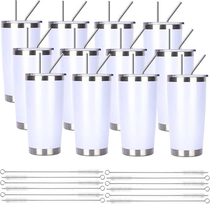 Pandance 20oz Stainless Steel Insulated Tumblers with Lid and Straw Bulk, Double Wall Vacuum Water Cups for Hot & Iced Coffee Drinks Travel Mug (White, 12 pack)