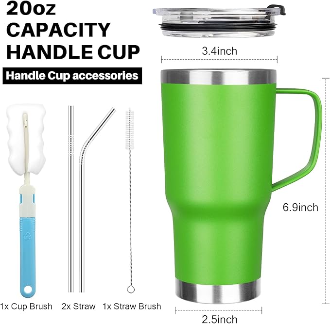 20 oz Tumbler with Handle, Stainless Steel Insulated Tumbler with Lid and Straw, Double Wall Vacuum Coffee Mug Tumbler, Insulated Coffee Thermal Cup for Cold and Hot (Bright Green, 20, ounces)
