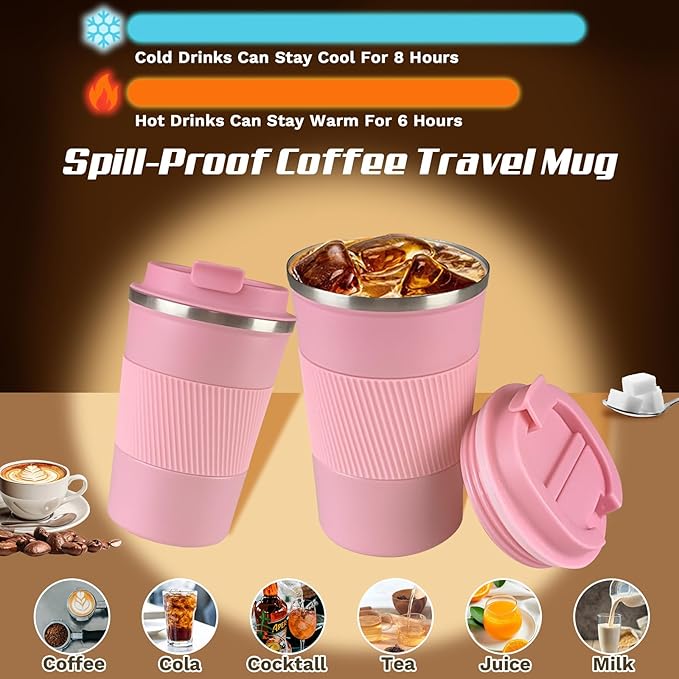 Vacuum-Insulated Stainless Steel Travel Coffee Mug, Leak-Proof Reusable Coffee Cup with Lid - Keep Hot & Cold Drinks for Hours, Durable Thermos Tumbler for Men & Women (3rd-Pink, 17OZ)
