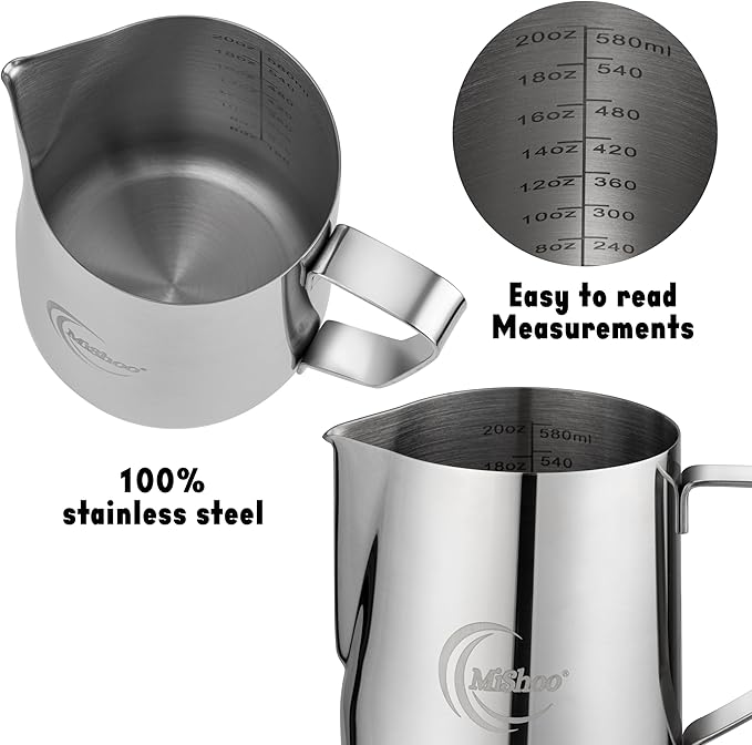 MiShoo® Milk Frothing Pitcher, 12oz Steaming Pitcher 304 Stainless Steel Espresso Machine Accessories for Coffee Bar, Cappuccino Barista Tools Milk Jug Steamer Frother Cup with Latte Art Pen