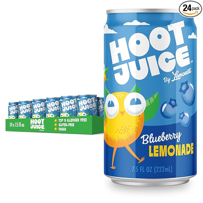 Hoot Juice Blueberry Lemonade By Lemonati, No Artificial Sweeteners or Flavors, Gluten-Free, Kosher, Non-GMO, Vegan, 7.5 Fl Oz Mini-Cans, Pack Of 24, Blueberry Lemonade