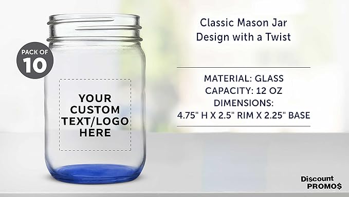 DISCOUNT PROMOS Custom Decorating Mason Jars 12 oz. Set of 10, Personalized Bulk Pack - Glass Jars for Overnight Oats, Candies, Fruits, Pickles, Spices, Beverages - Blue