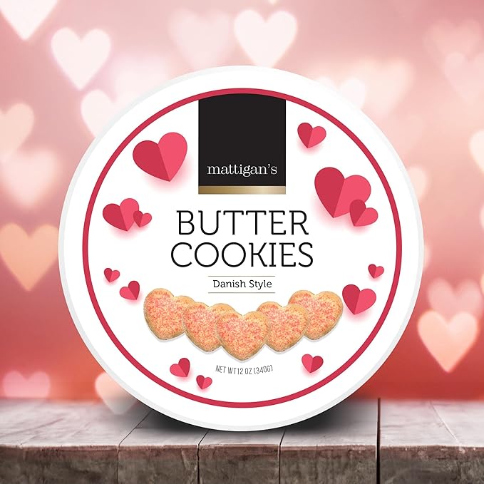 Mattigan's Pink Heart Butter Cookies Danish Style Cookie, 12 Oz Tin 2-Pack, Gourmet Gifts for Birthday, Special Occasions, Assorted Cookie Dessert Sweets, Two Reusable Metal Tin