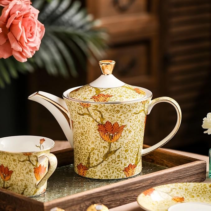 ACMLIFE Tea Set for Adults- Fine China Tea Set for 6, 21-Piece Vintage British Coffee Set English Porcelain Tea Pot Sets for Adult Tea Party for Women Gift (Tulip Yellow, Extra Large 21)