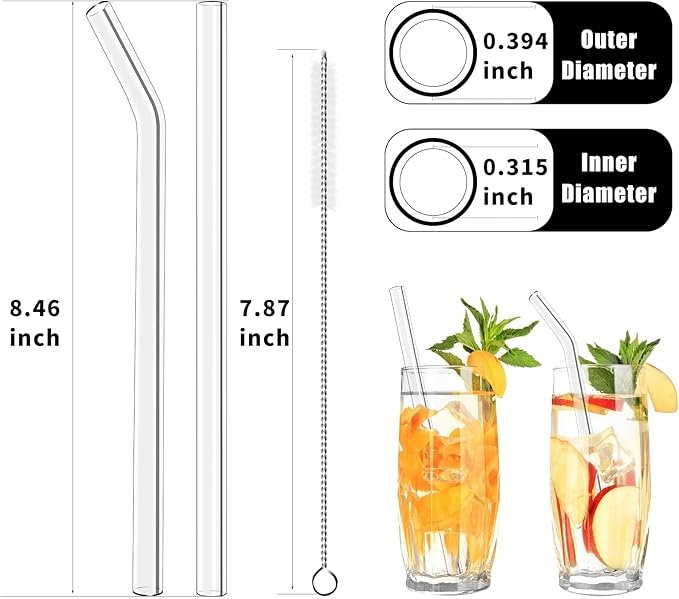 Lazycorner Reusable Glass Straws Set 16 Pcs 8.5''x 10MM Bent Straight Clear Glass Drinking Straws Set of 8 Straight and 8 Bent with 4 Cleaning Brushes Perfect For Smoothies, Tea, Juice-Clear Cocktail.