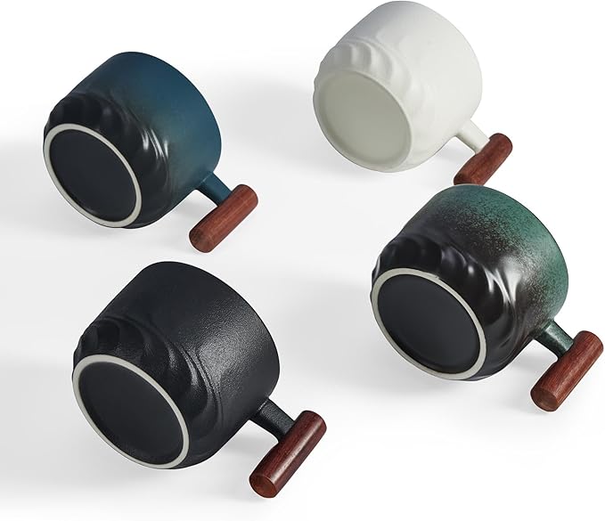 2.5oz Ceramic Espresso Cups with Wooden Handle, Small Coffee Cups Double Shot Espresso Cups Set of 4