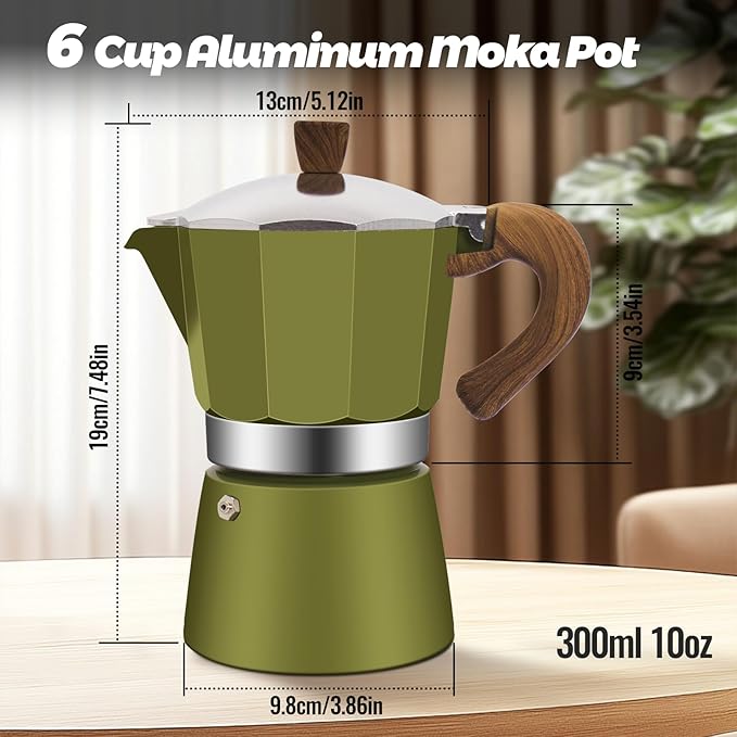 6 Cup Aluminum Moka Pot Classic Stovetop Espresso Coffee Maker 300ml 10oz Coffeemaker Percolator Mocha Pot Greca Coffee Maker Cafe Makers for Italian and Cuban Café Brewing Green