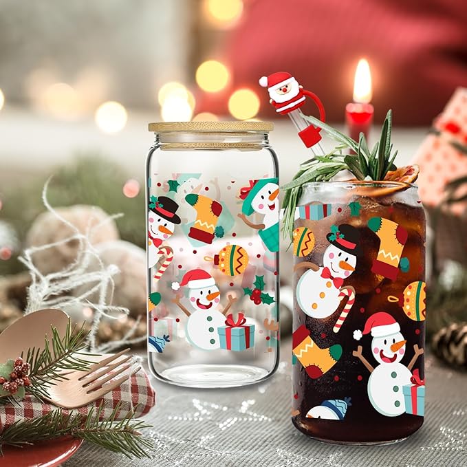 Christmas Snowman Glass, 16 Oz Winter Iced Coffee Glass with Straw and Lid, Winter Snowman Themed Perfect for Christmas and Holiday Celebration Decorations (One)