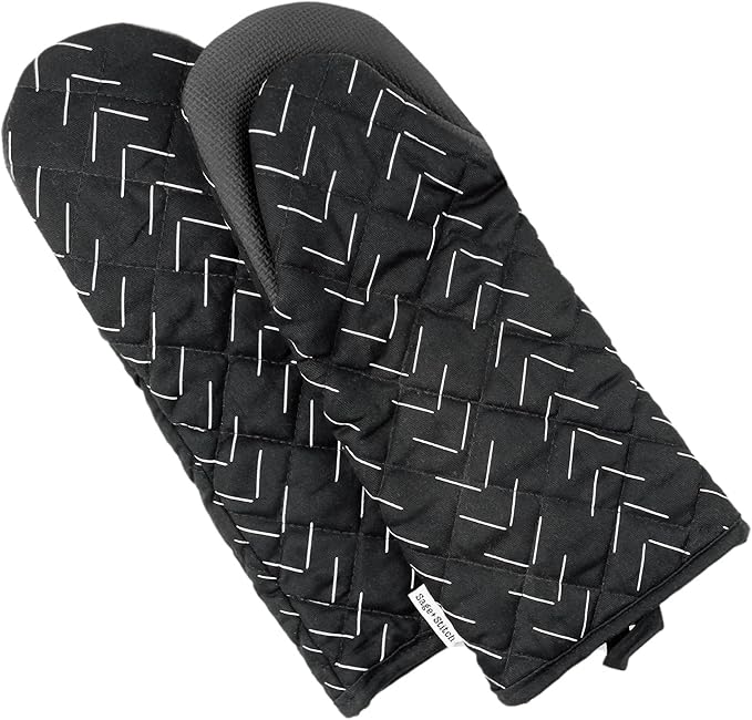 Heat Resistant Designer Kitchen Oven Mitts with Neoprene Non-Slip Grips and Hanging Loops | Set of 2 100% Cotton Long Sleeve Kitchen Oven Mitts | 5.5" x 12" | Black