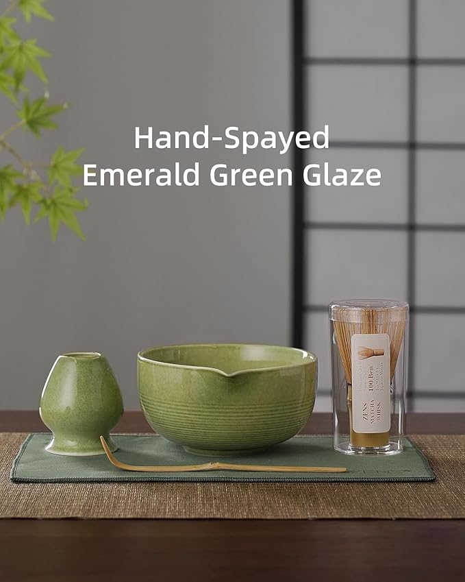 ZENS Matcha Whisk Set, 15oz Ceramic Matcha Bowl with Spout and Bamboo Whisk, (Chasen Holder) Scoop & Tea Towel, 5pcs Matcha Kit for Matcha Lovers, Emerald Green