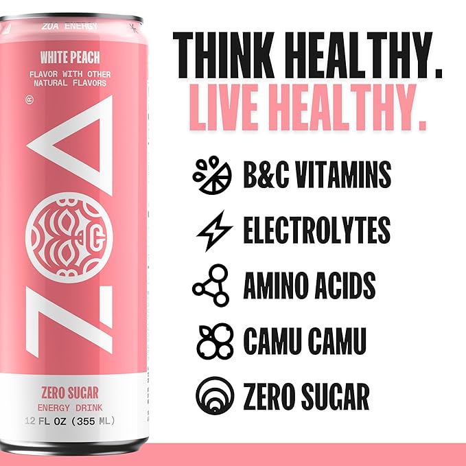 ZOA Zero Sugar Energy Drinks, White Peach - Sugar Free with Electrolytes, Healthy Vitamin C, Amino Acids, Essential B-Vitamins, and Caffeine from Green Tea - 12 Fl Oz (12-Pack)